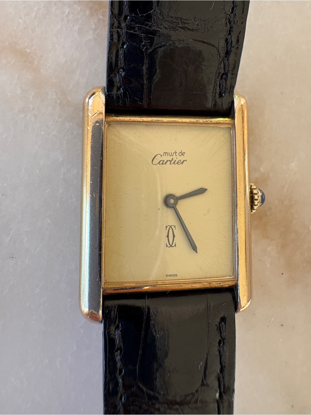 Cartier Tank Watch Gold Case with Black Leather Strap
